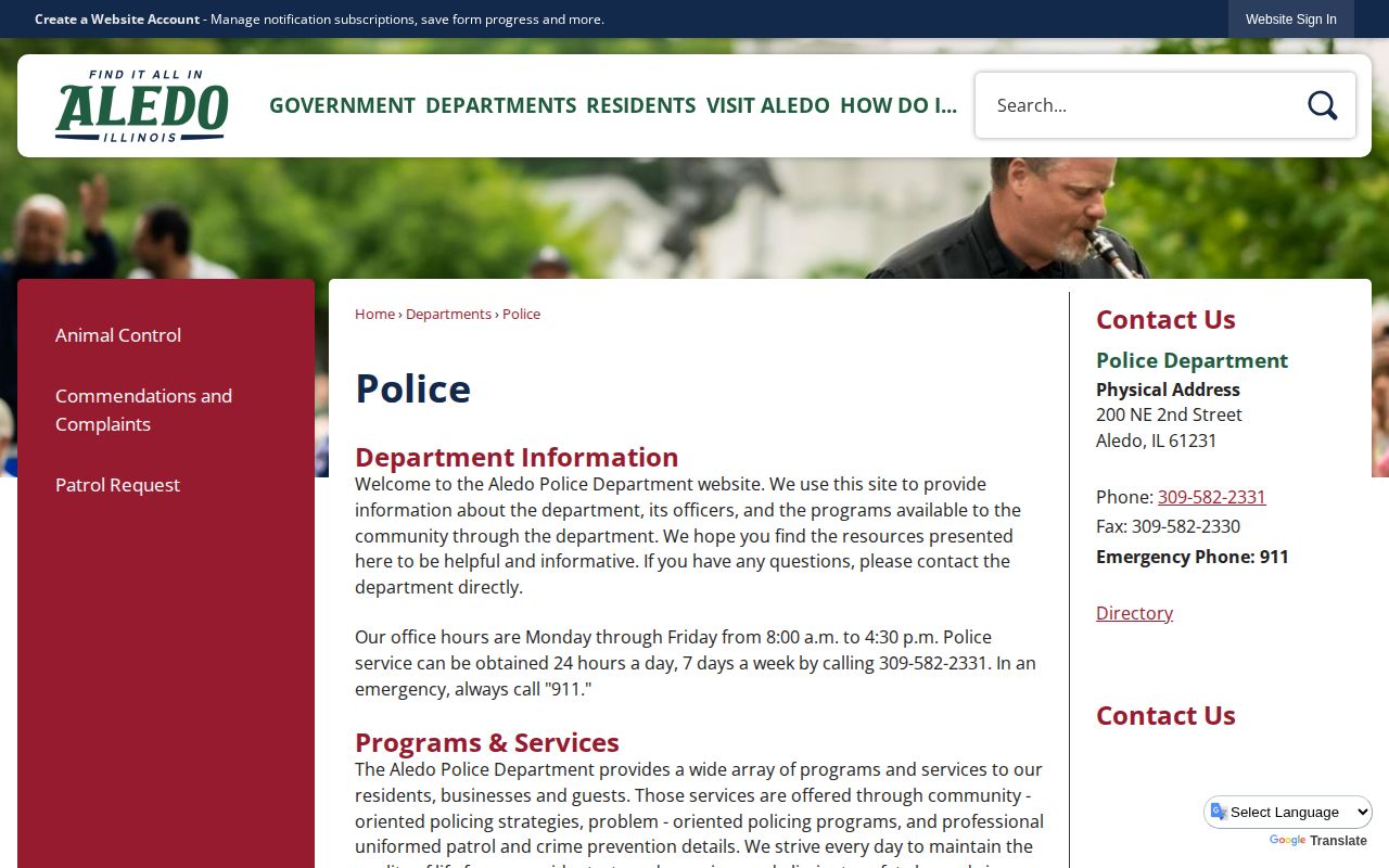 Screenshot of the official Aledo Police Department contact page for Mercer County Aledo arrest records